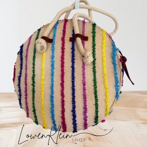 Twig & Arrow Round Purse Multicolor Stripe‎ Rainbow White Canvas Circle Shoulder